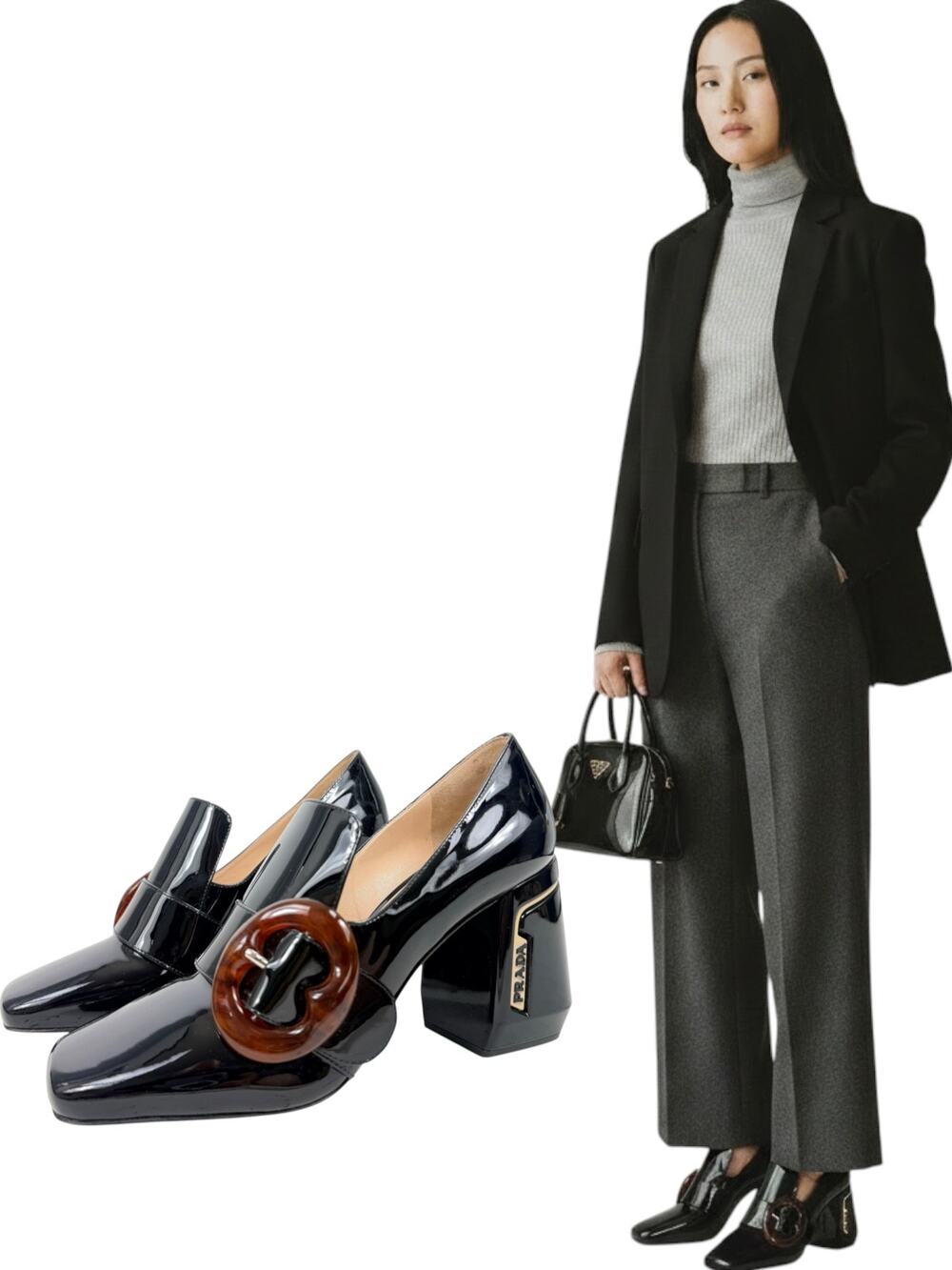 New Prada Patent Leather Amber Buckle Heeled Loafers Black Size 39